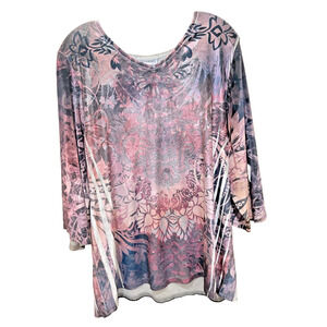 Catherines 1X Shirt Top Purple Black Velour Embellished V Neck Tunic